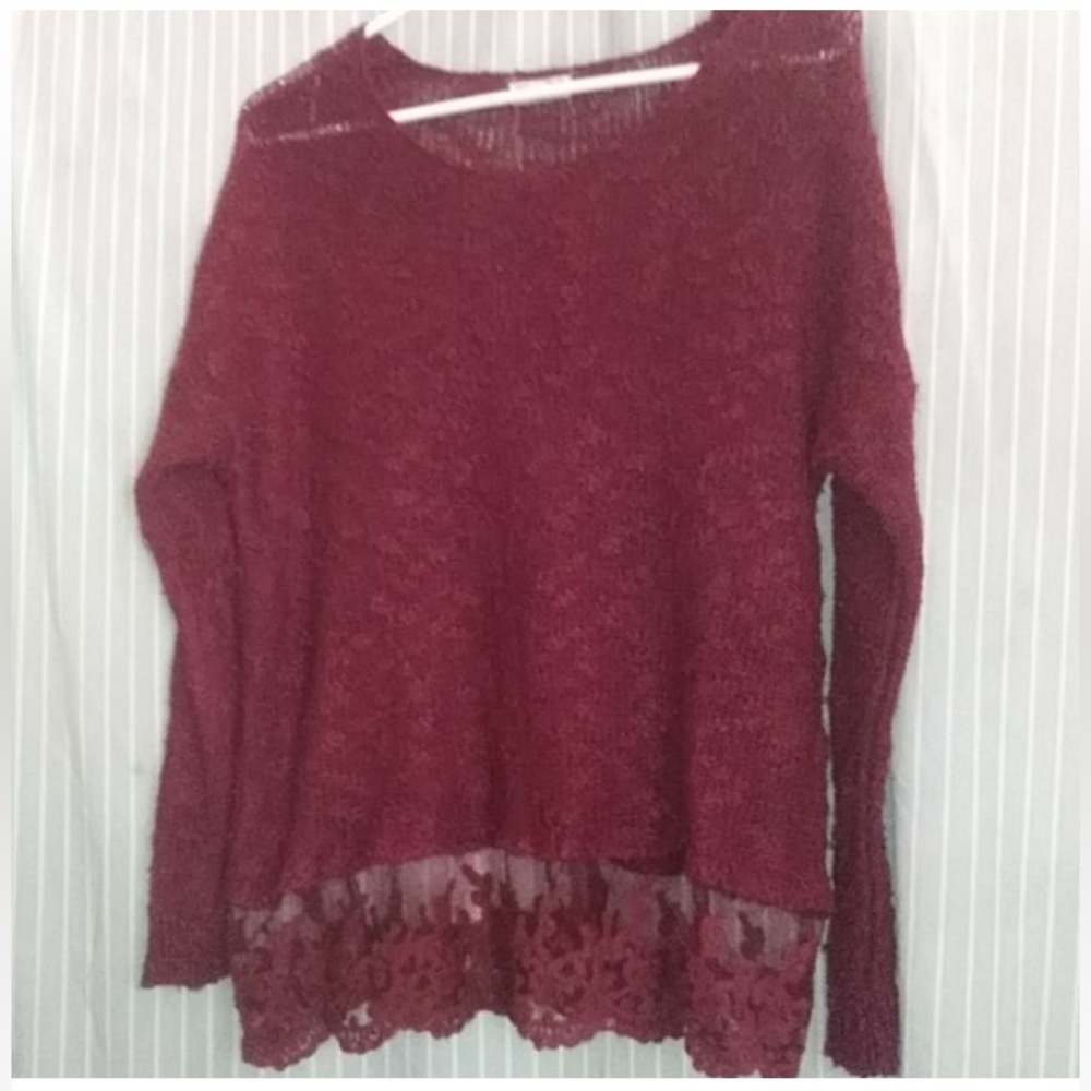 Maroon Open-Weave Sweater with Lace Detail (QED London)